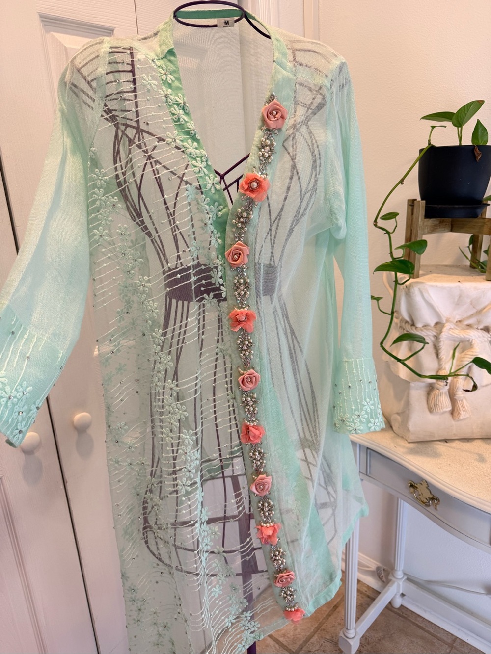 Cottage core Resort Wear VinageBrand Mint Sheer Floral Embellished Kimono Jacket - Picture 3 of 7